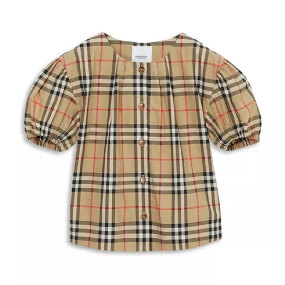 Burberry Girls' Sheryl Check Stretch Twill Button Up Puff Sleeve Blouse Top Sz 8